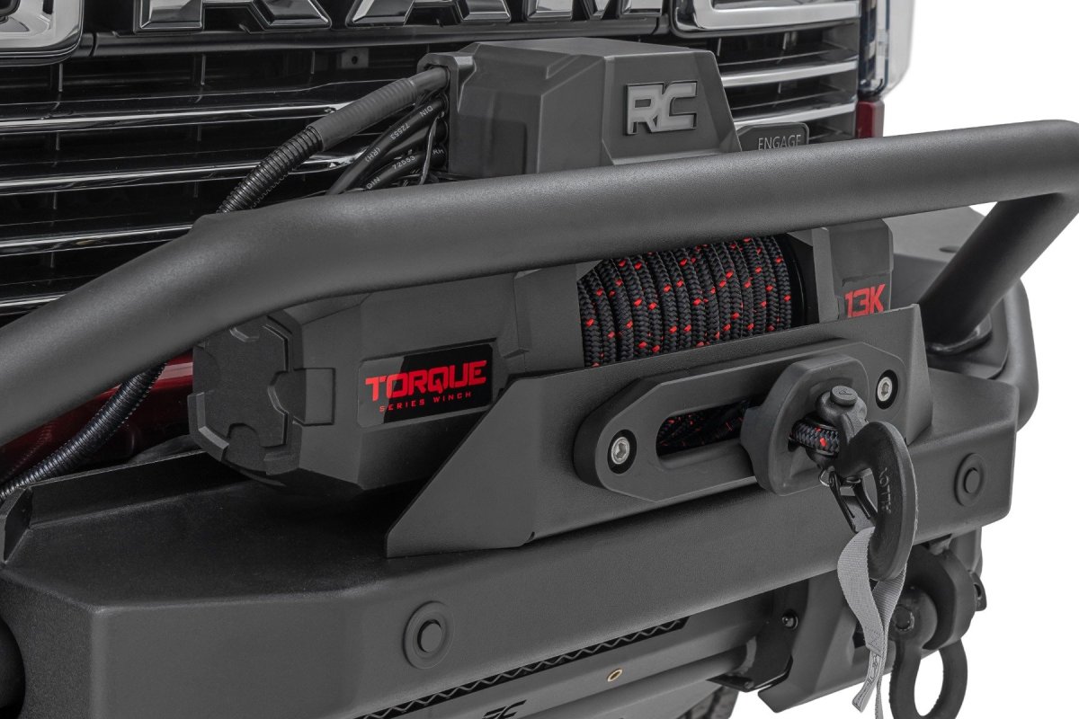 Ram 3500 Bumper - Front - Rough Country - Tubular, Winch Mount, Stinger Bar, Integrated Skid Plate, Light Bar Mount - Satin Black - '19-'26